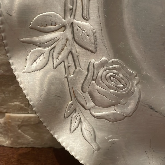 Vintage Mid Century Hammered Aluminum Decorative Silver Rose Serving Tray - Picture 2 of 6